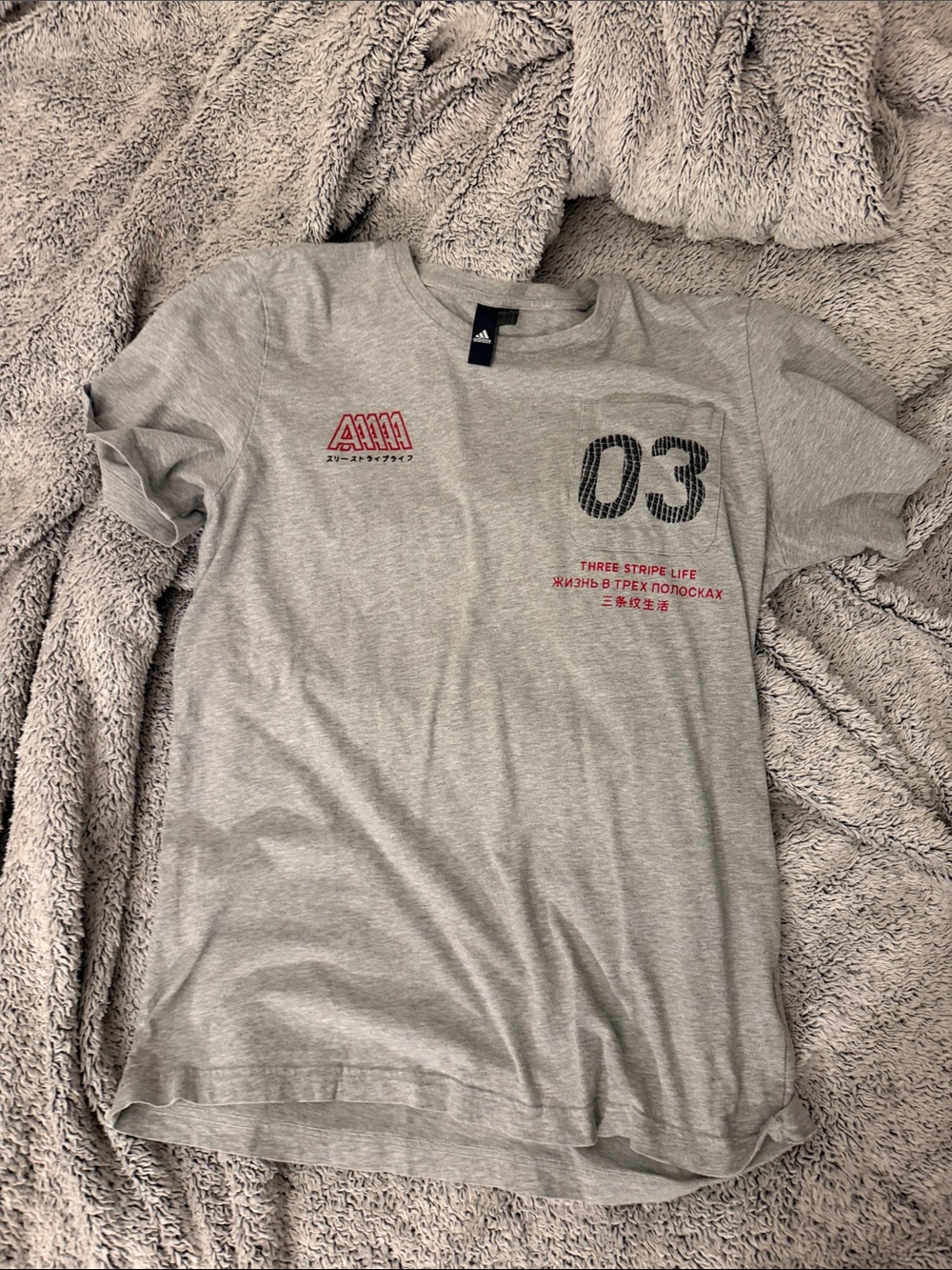 adidas Light Gray Tee with Black '03' and Red Accents